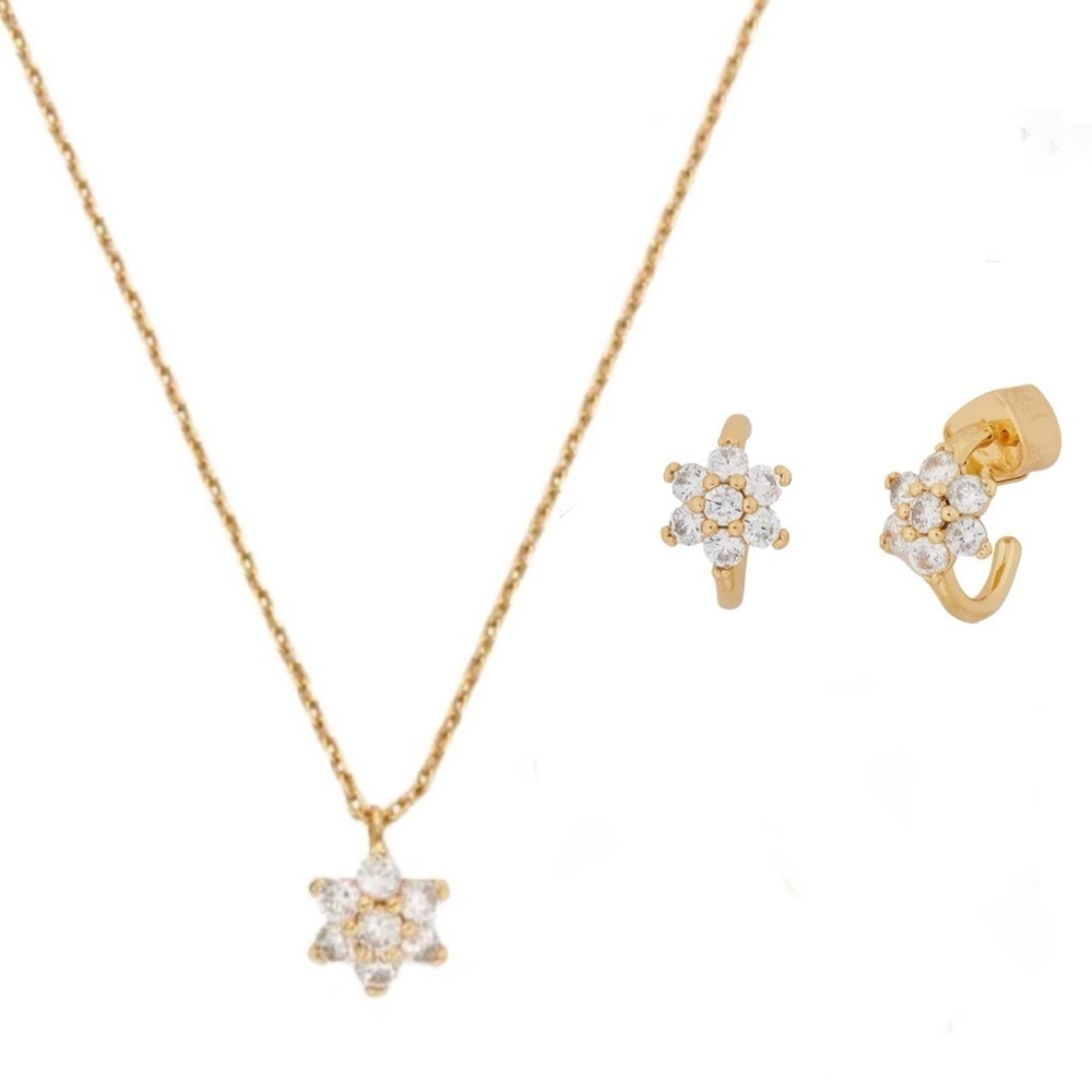 KATE SPADE • Gold Myosotis Crystal Clear Necklace Huggie Hoops Earrings Set